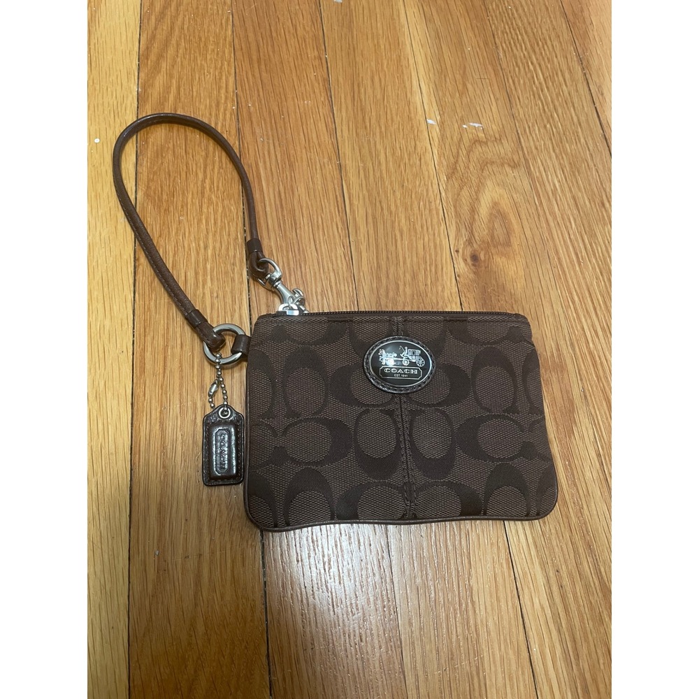 Coach Wristlet Signature Jacquard‎  Dark Brown Canvas Leather Trim